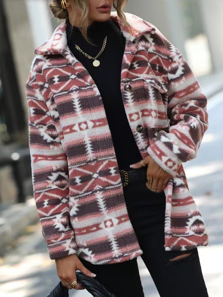 Pink Aztec Print Fleece Button Up Shacket - Pink