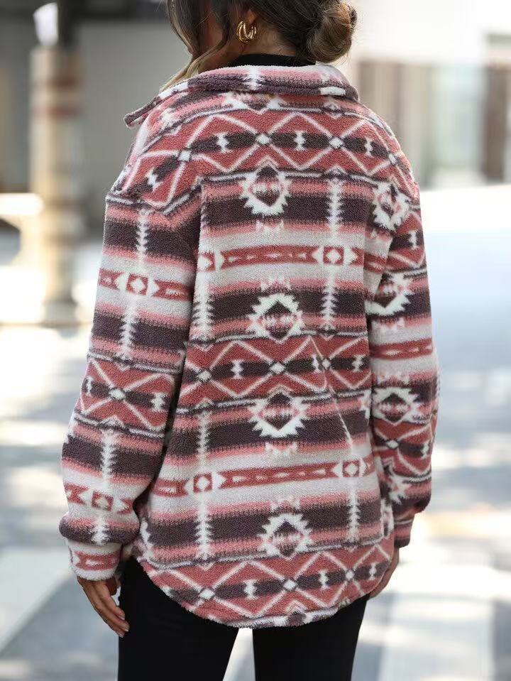 Pink Aztec Print Fleece Button Up Shacket - Pink - 1