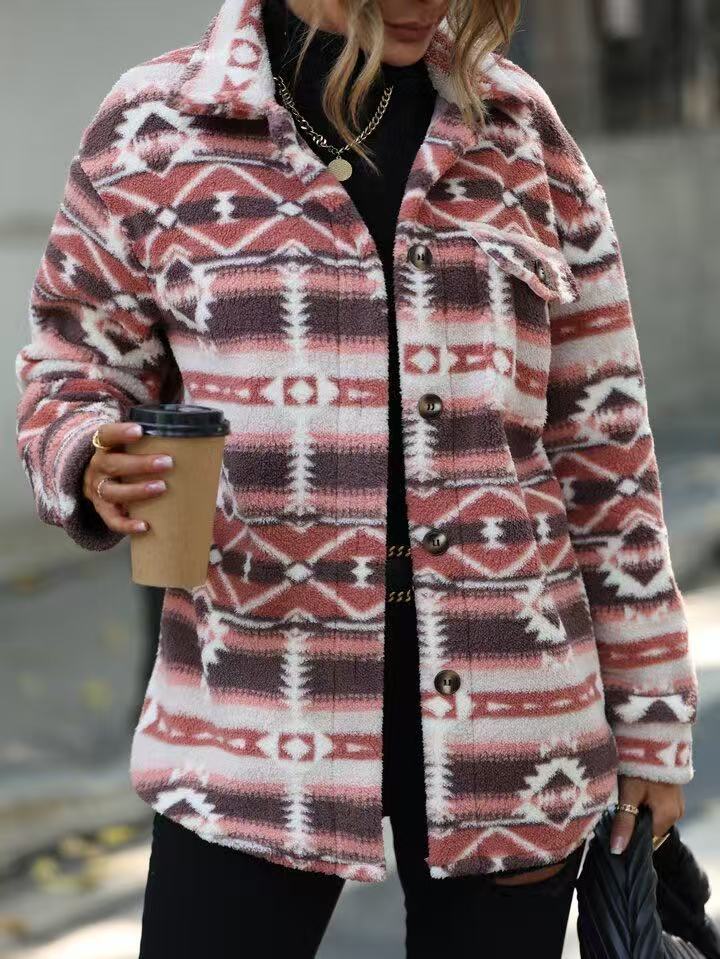 Pink Aztec Print Fleece Button Up Shacket - Pink - 2