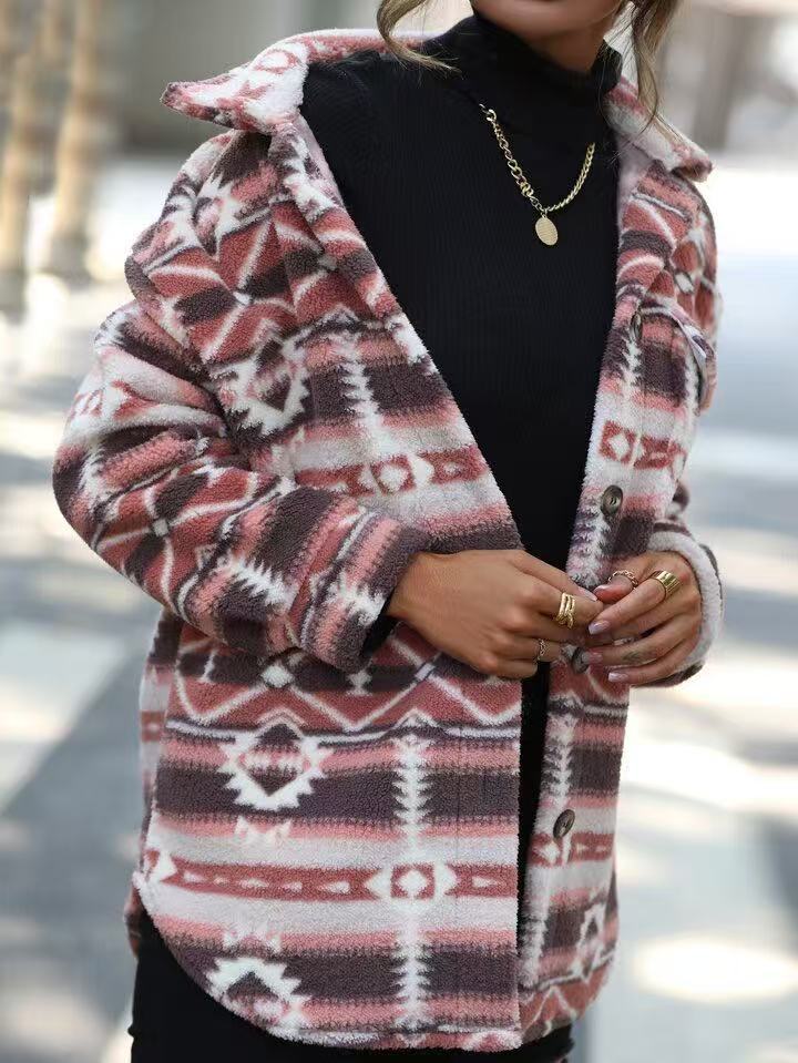 Pink Aztec Print Fleece Button Up Shacket - Pink - 3