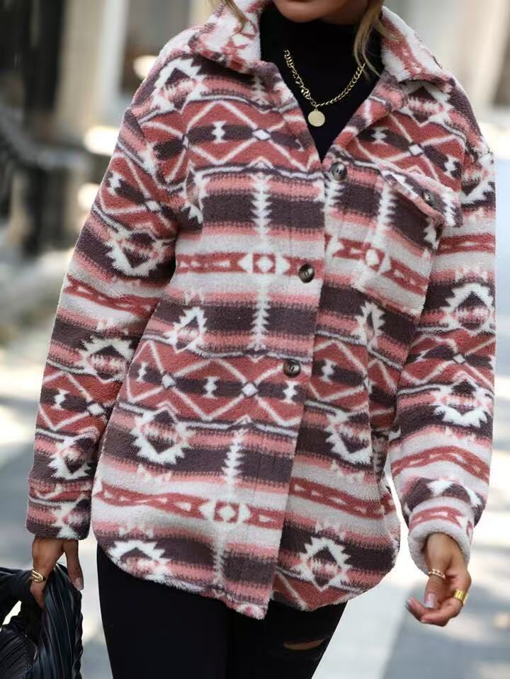 Pink Aztec Print Fleece Button Up Shacket - Pink - 4