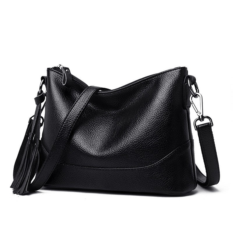 Pebbled Faux Leather Tassel Crossbody Bag - Black
