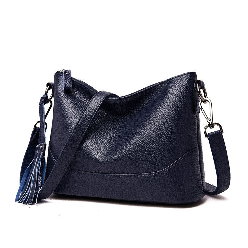Pebbled Faux Leather Tassel Crossbody Bag - Navy