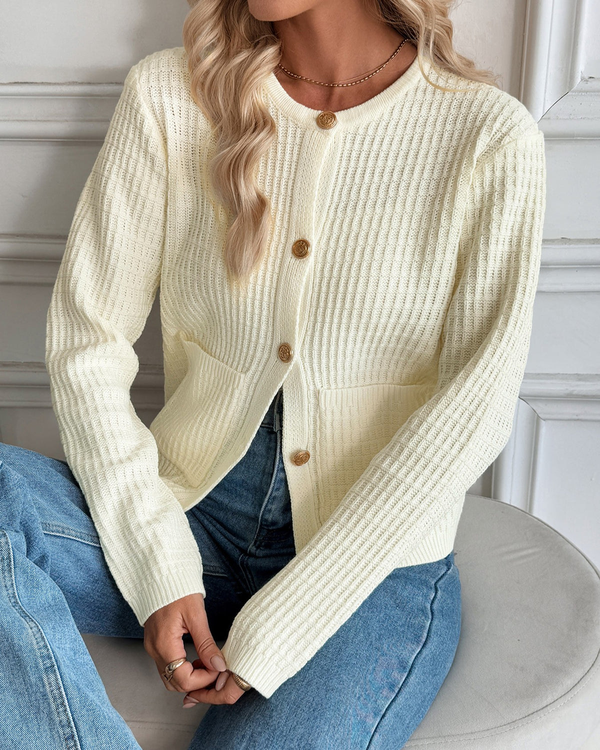 Waffle Knit Button Front Pocket Cardigan - Off-White