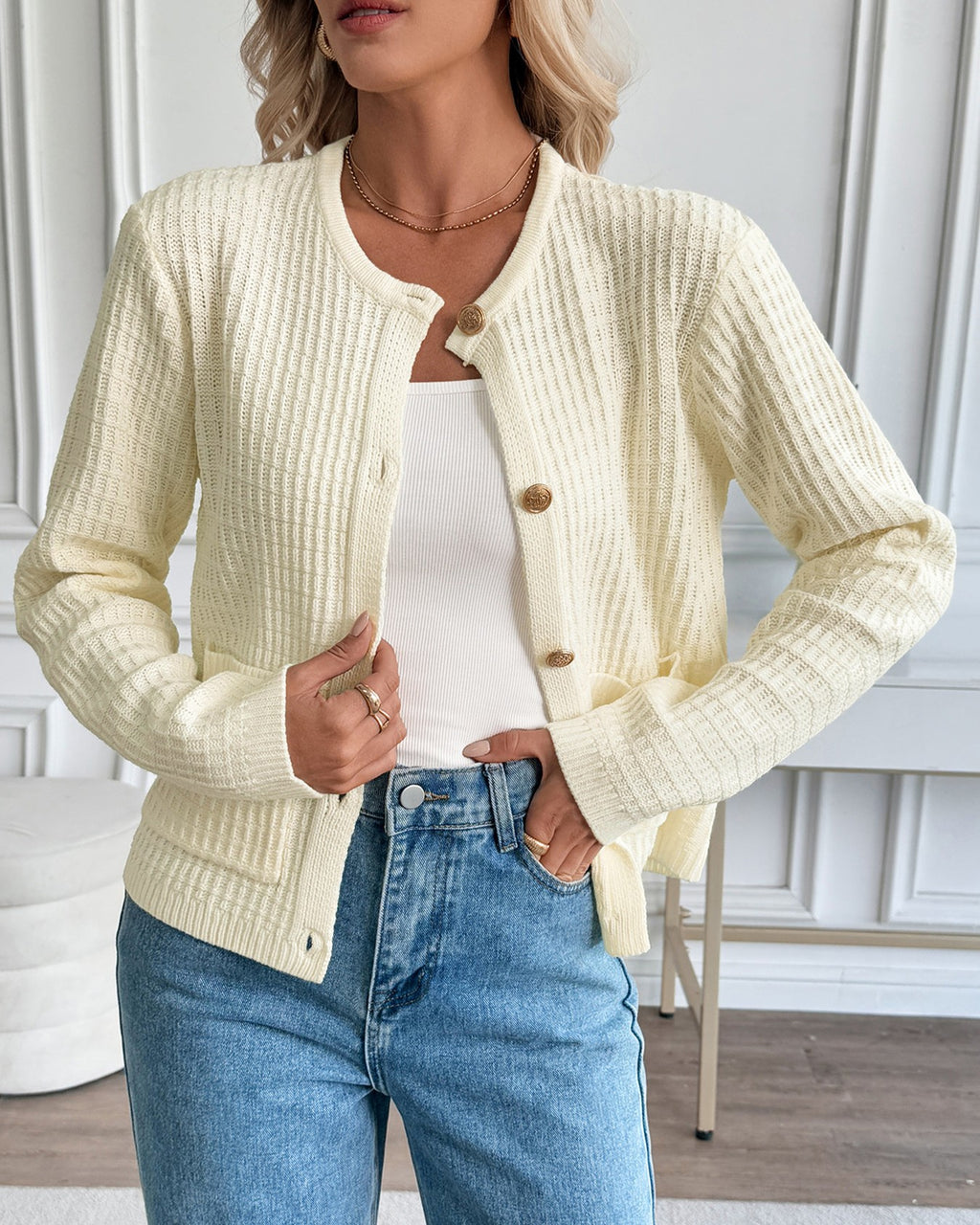 Waffle Knit Button Front Pocket Cardigan - Off-White - 2