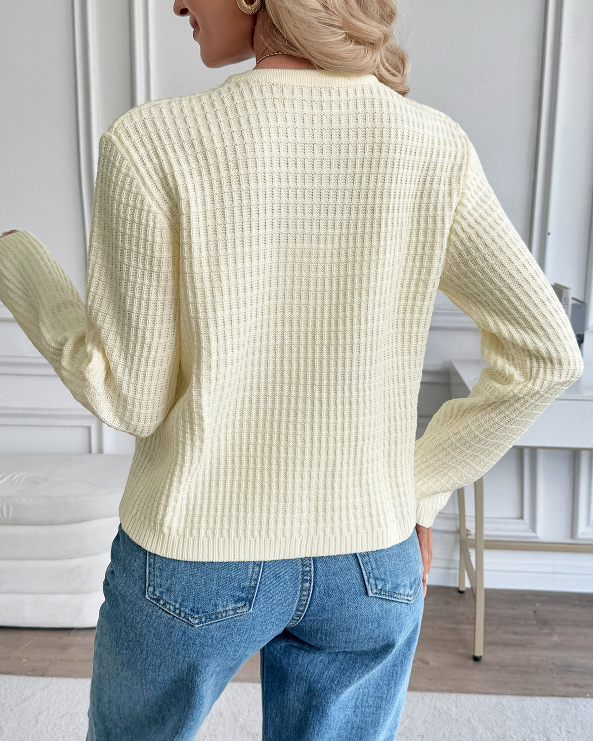 Waffle Knit Button Front Pocket Cardigan - Off-White - 3