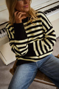 Drop-Shoulder Striped Contrast-Cuff Crewneck Sweater - Black