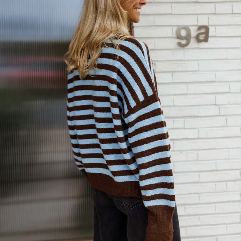Drop-Shoulder Striped Contrast-Cuff Crewneck Sweater - Coffee - 2