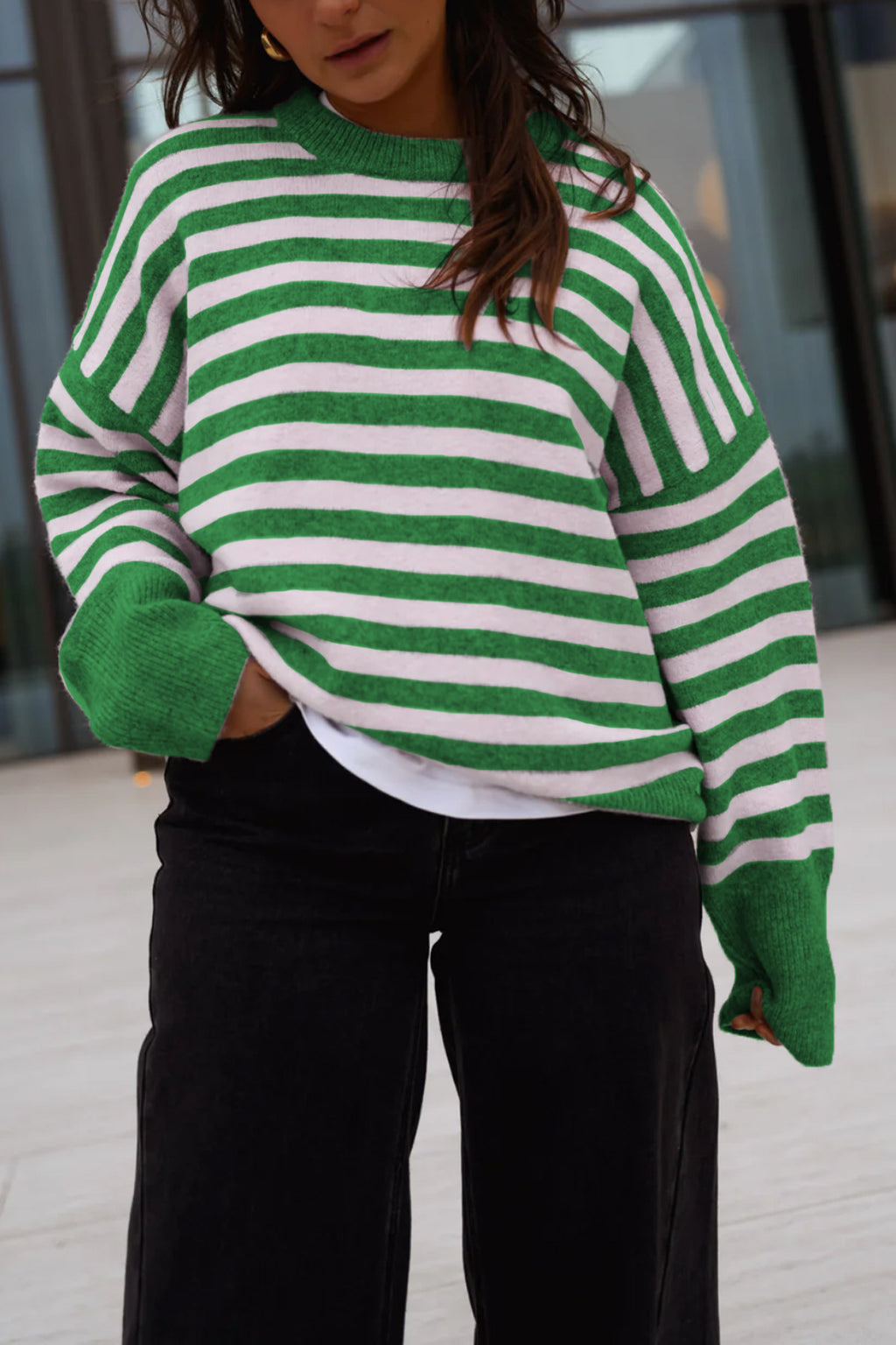 Drop-Shoulder Striped Contrast-Cuff Crewneck Sweater - Green