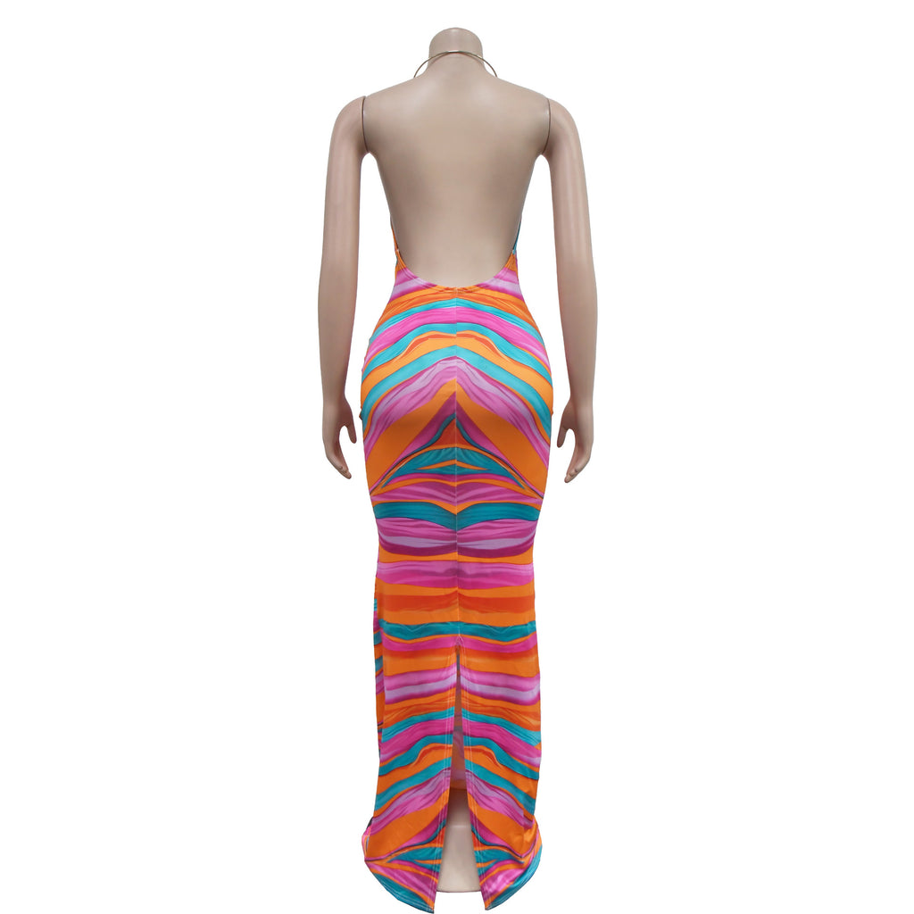 Halter Neck Open Back Striped Maxi Dress - Orange - 2