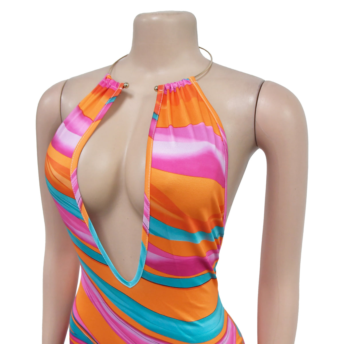 Halter Neck Open Back Striped Maxi Dress - Orange - 3