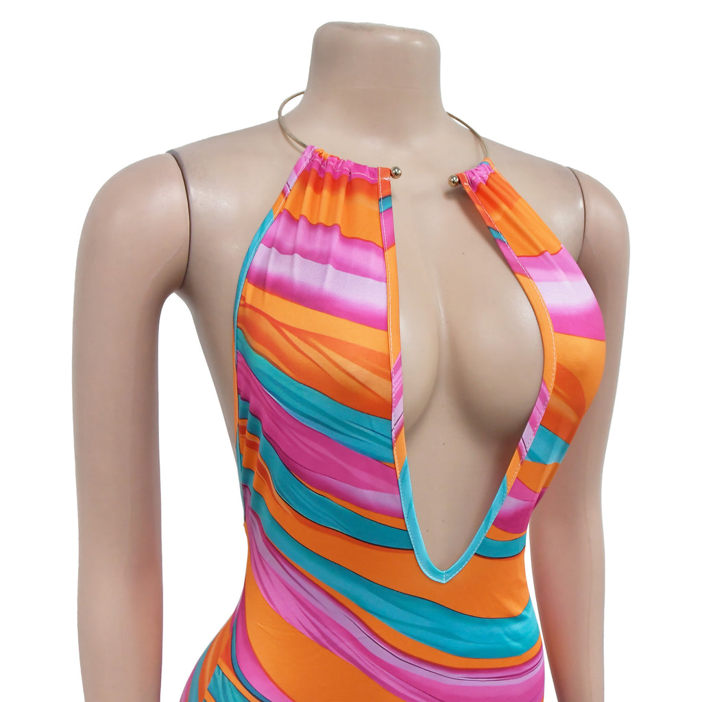 Halter Neck Open Back Striped Maxi Dress - Orange - 4
