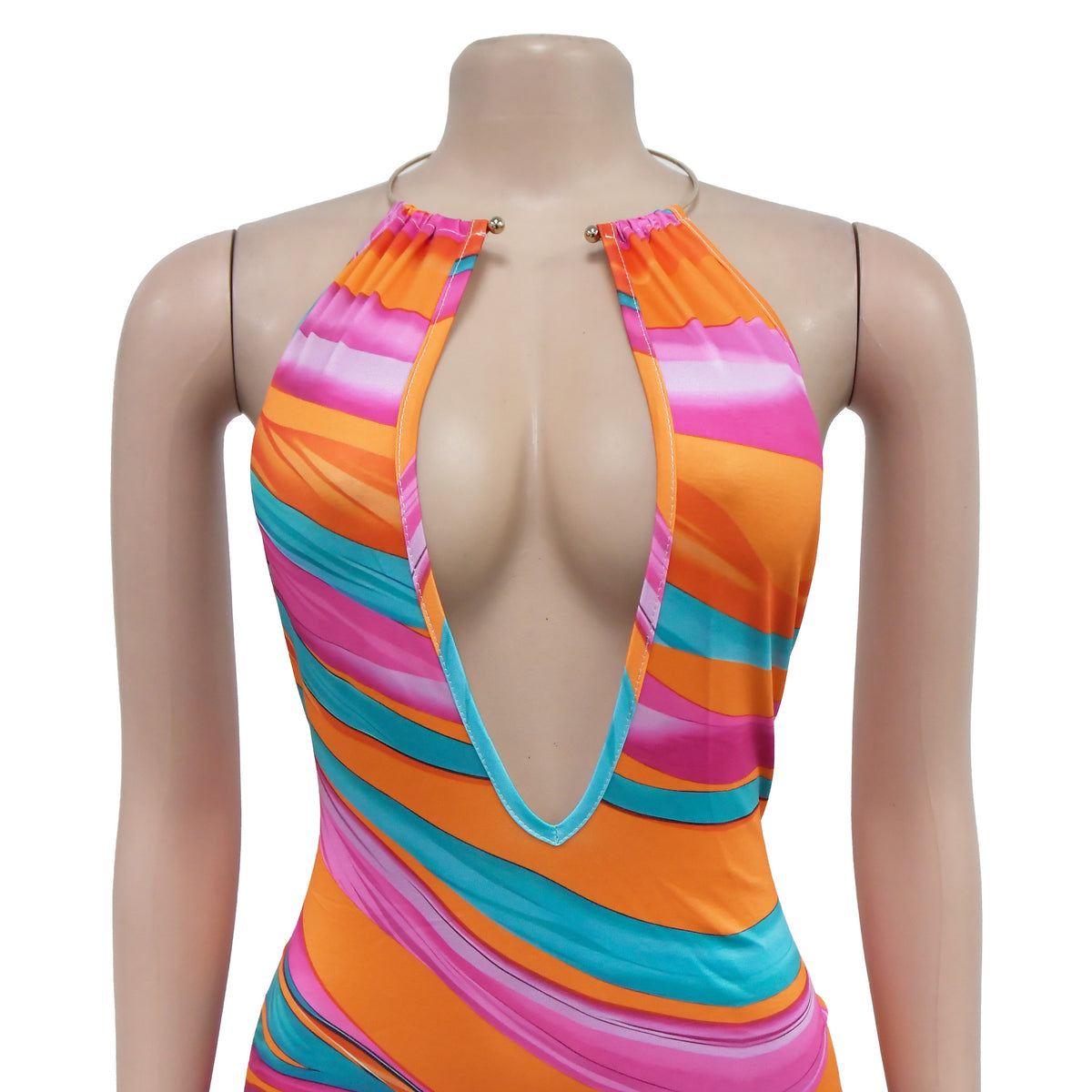 Halter Neck Open Back Striped Maxi Dress - Orange - 5