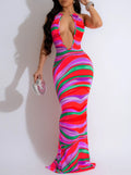 Halter Neck Open Back Striped Maxi Dress - Red