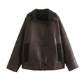 Chocolate Faux Leather Sherpa Trim Oversized Jacket - Chocolate