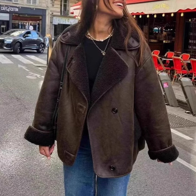 Chocolate Faux Leather Sherpa Trim Oversized Jacket