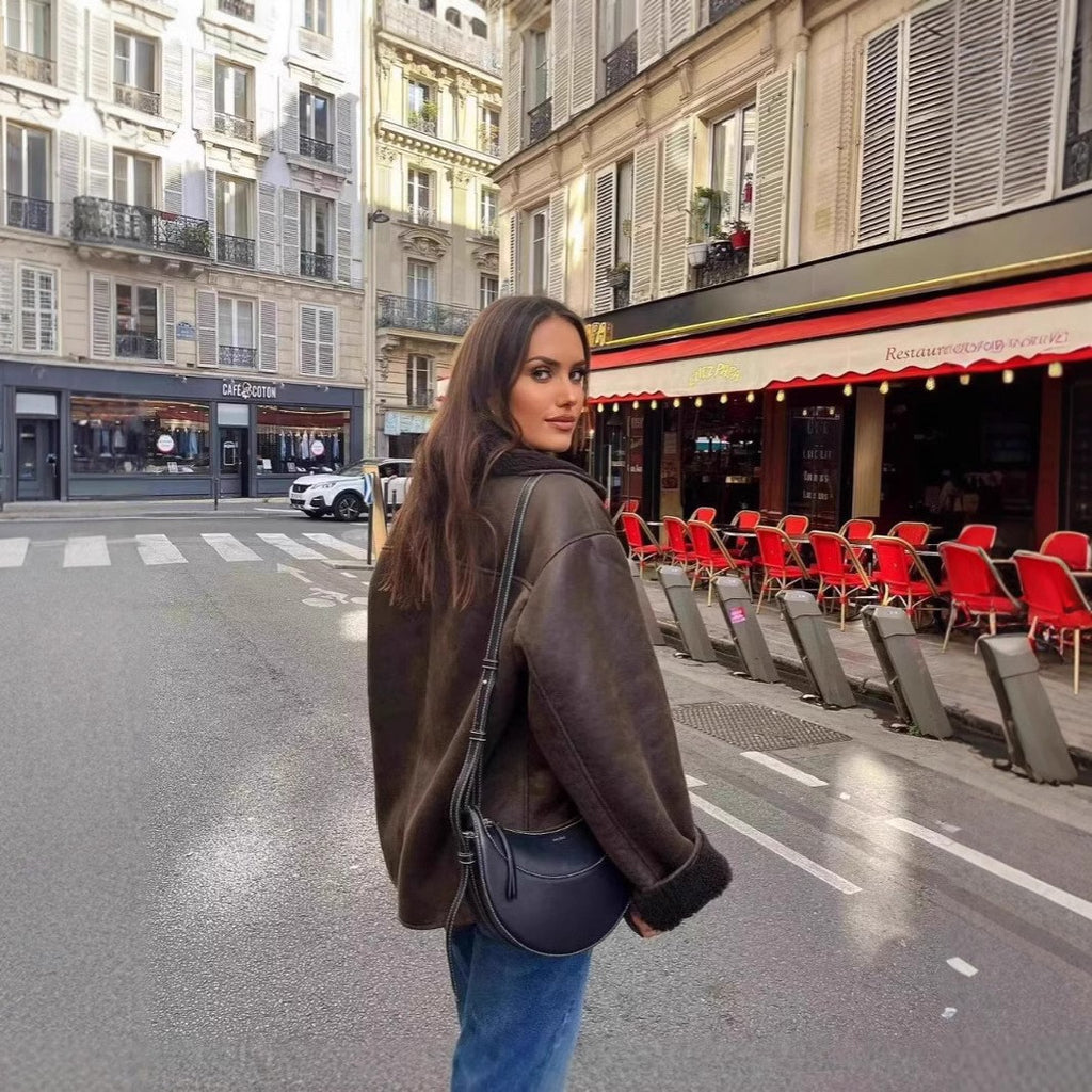 Chocolate Faux Leather Sherpa Trim Oversized Jacket