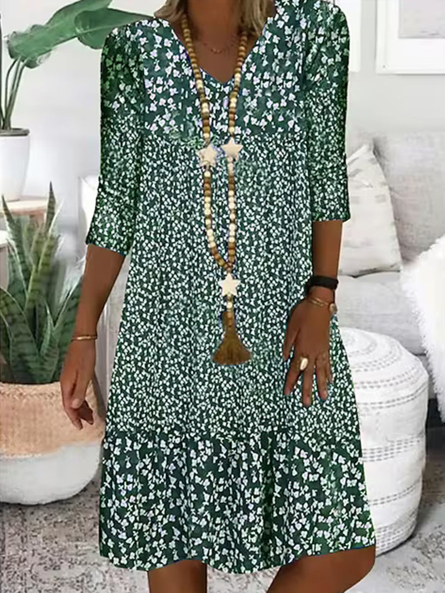 Ditsy Floral V-Neck Drop Waist Dress - Green