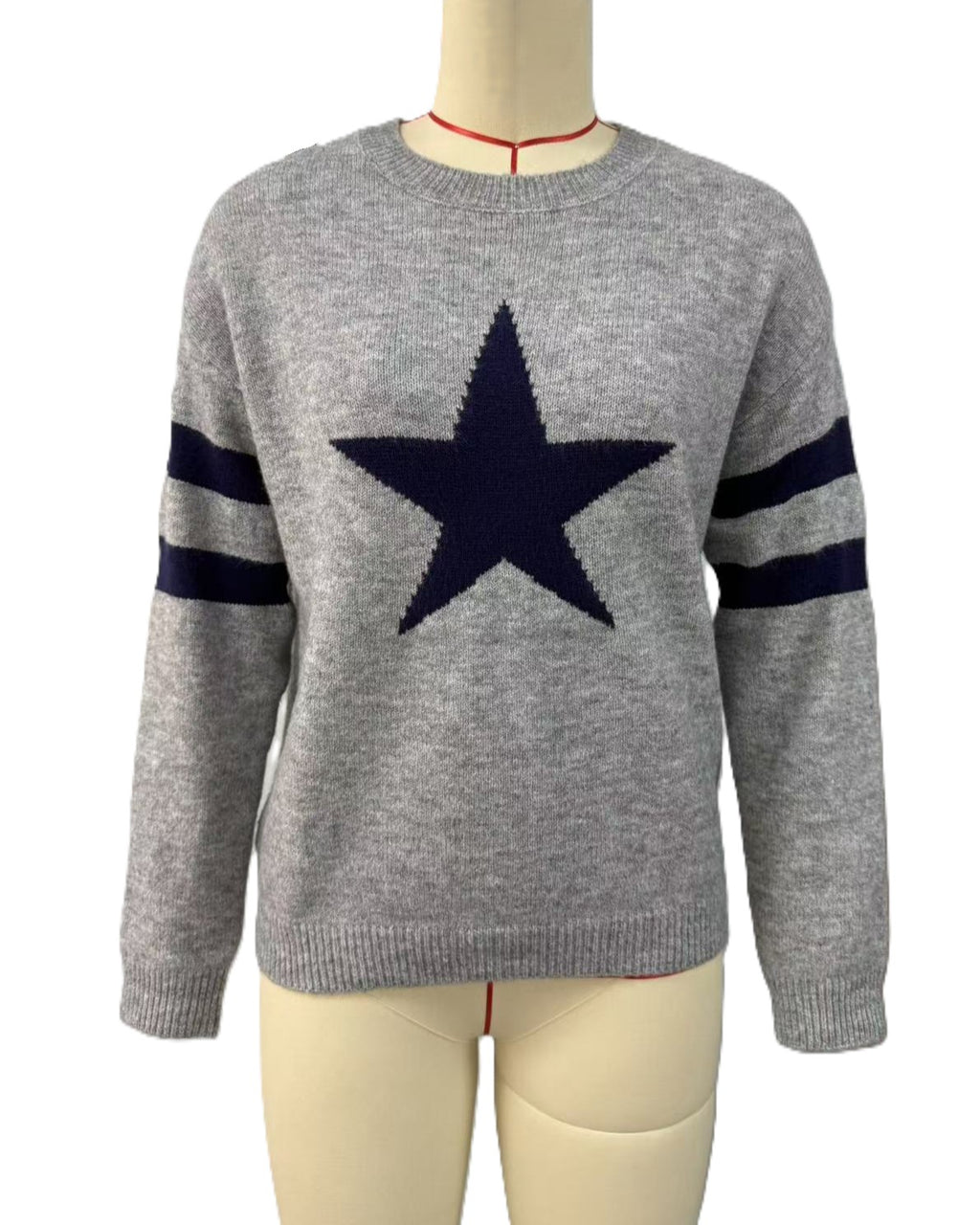 Varsity Star Stripe Sleeve Knit Sweater - Grey