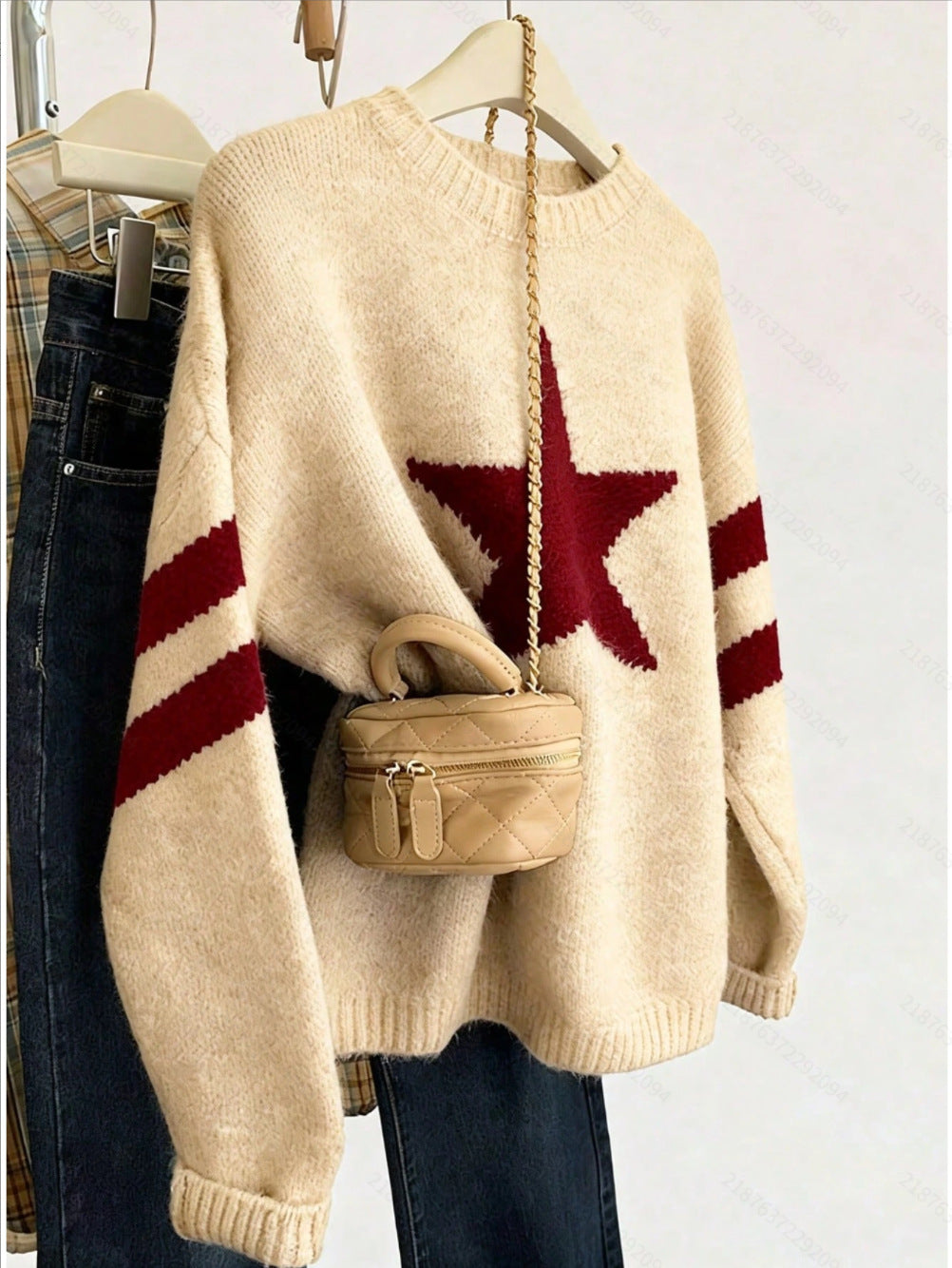 Varsity Star Stripe Sleeve Knit Sweater - Khaki