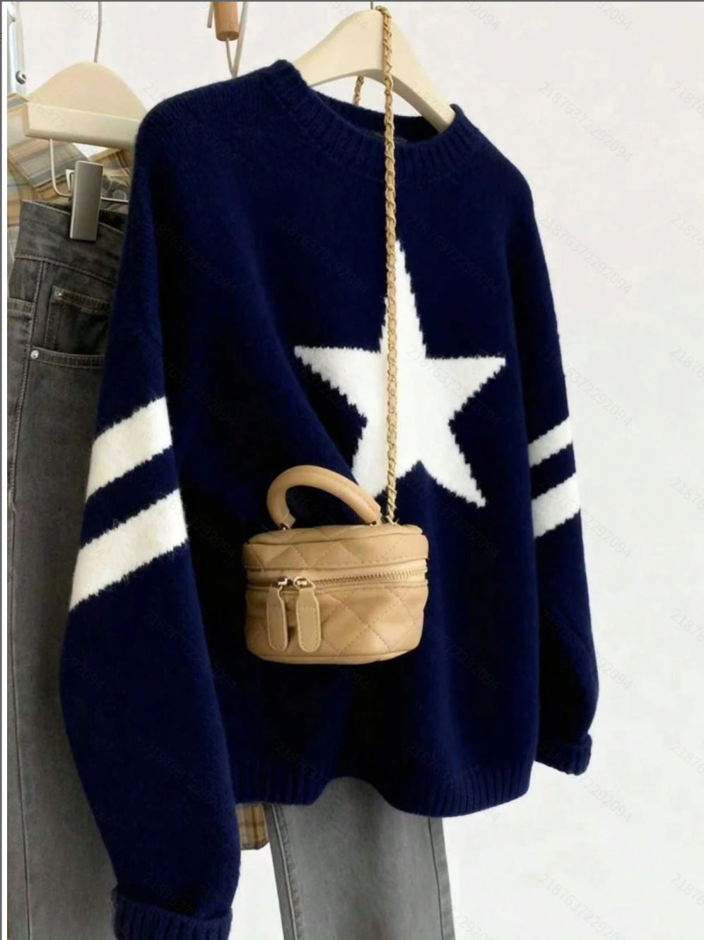 Varsity Star Stripe Sleeve Knit Sweater - Navy