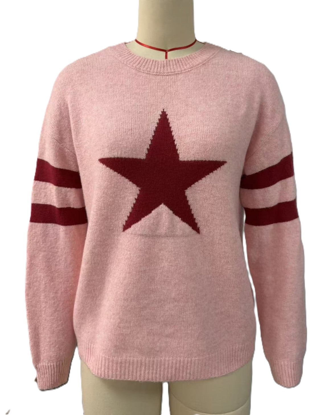 Varsity Star Stripe Sleeve Knit Sweater - Pink