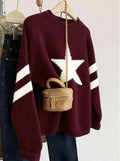Varsity Star Stripe Sleeve Knit Sweater - WineRed
