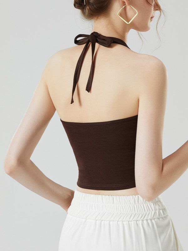 Halter Neck Tie Back Crop Tank - Coffee - 7