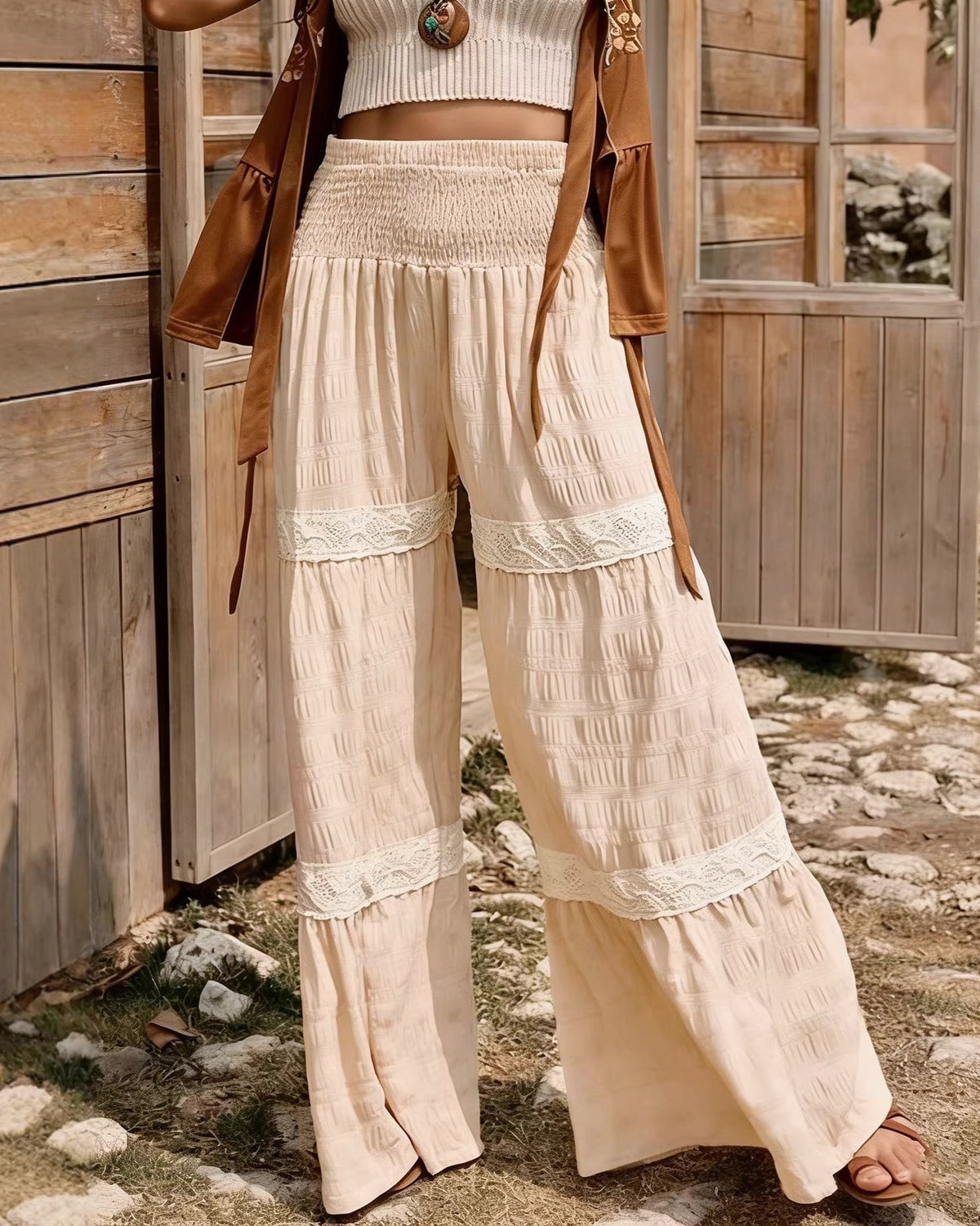 Tiered Lace Trim Smocked Palazzo Pants - Apricot
