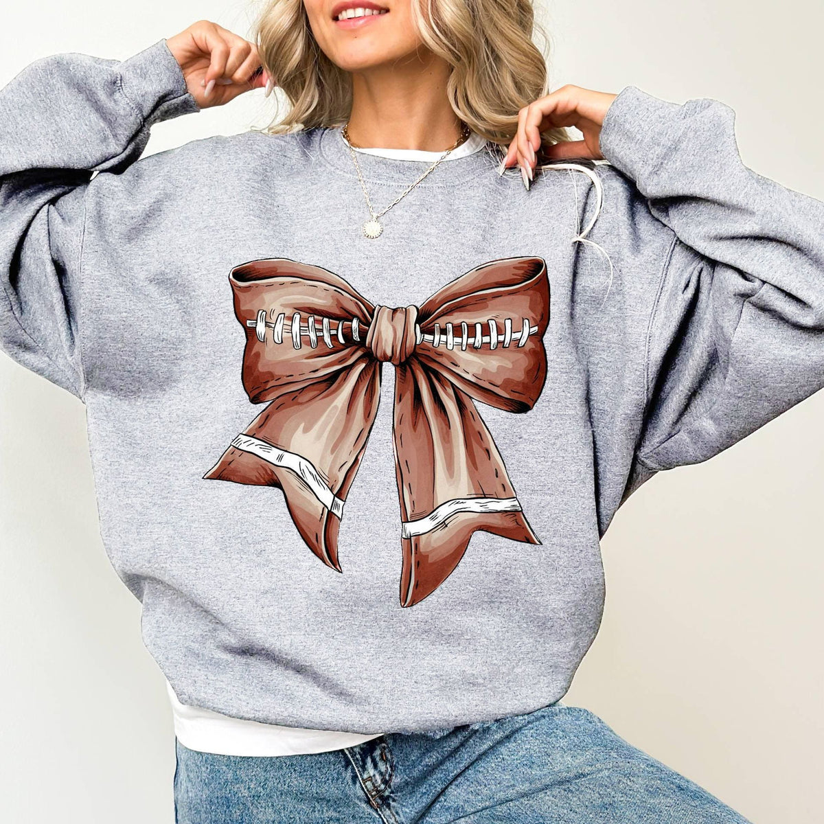 Coquette Football Bow Crewneck Sweatshirt - Grey