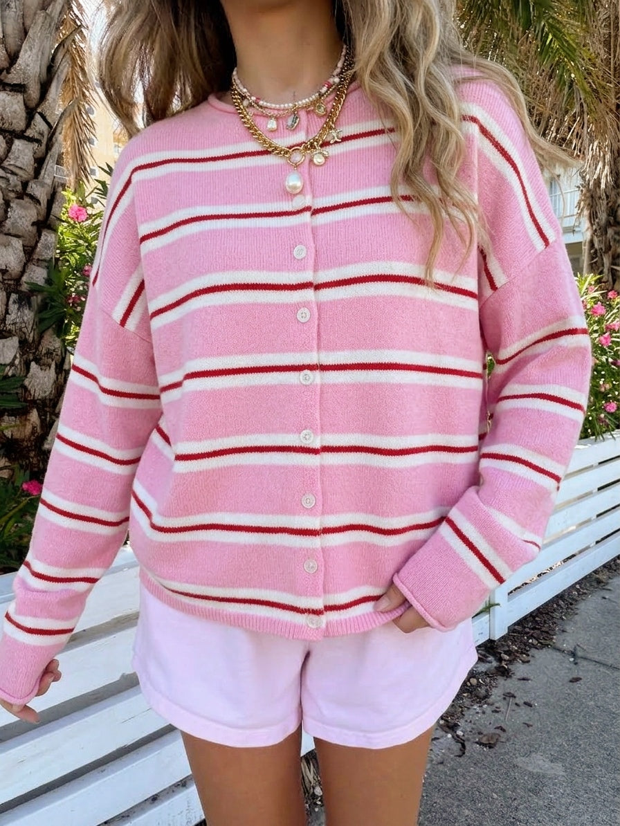 Striped Crewneck Button Front Cardigan - Pink