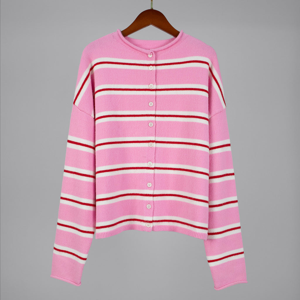 Striped Crewneck Button Front Cardigan - Pink - 1