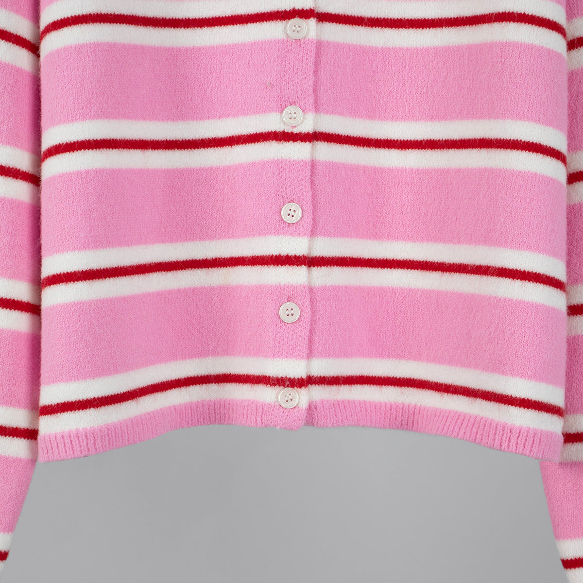 Striped Crewneck Button Front Cardigan - Pink - 4