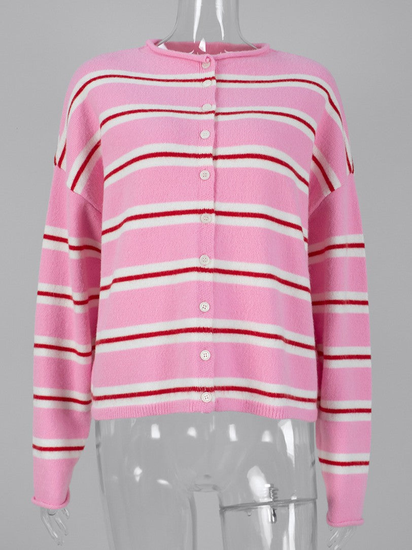 Striped Crewneck Button Front Cardigan - Pink - 5