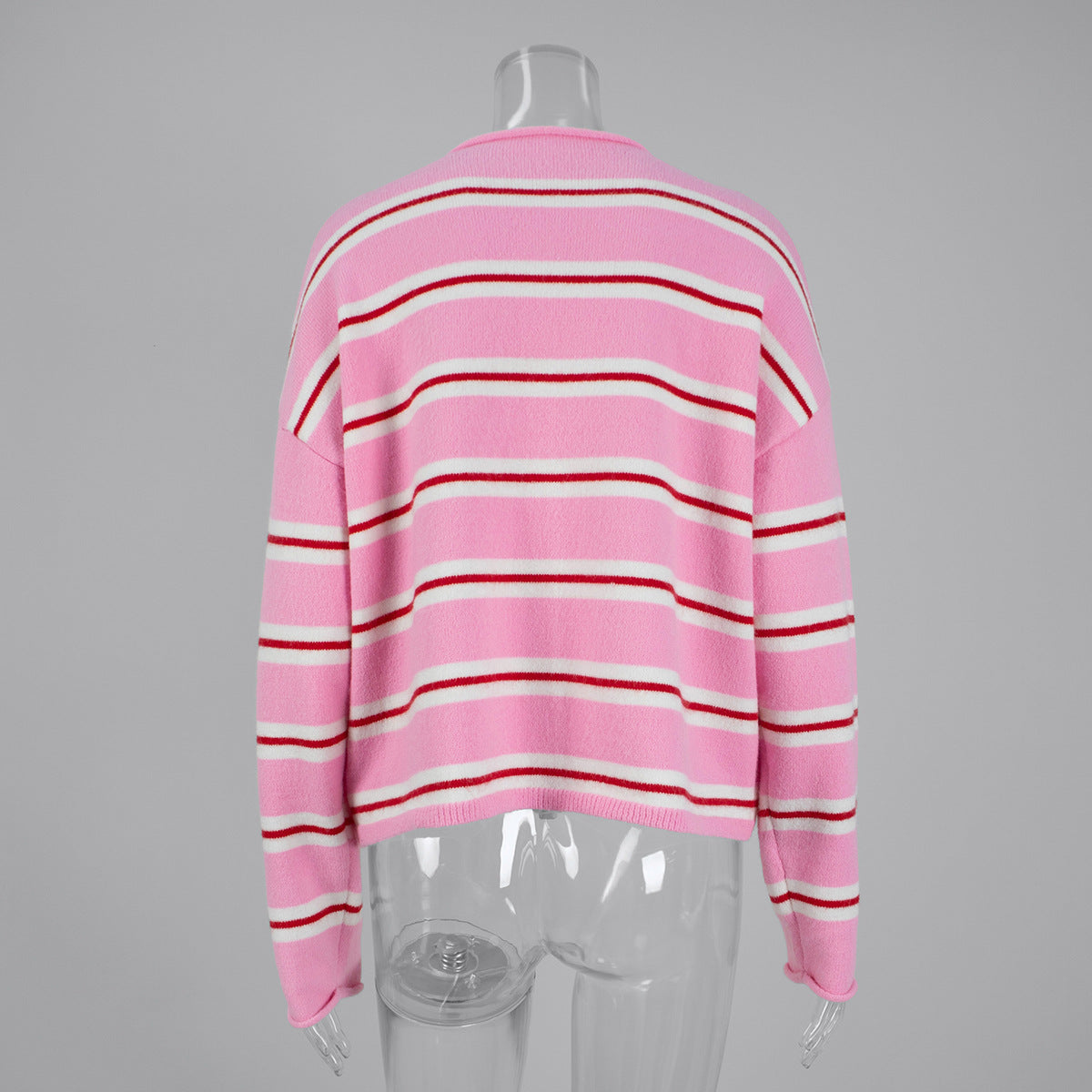 Striped Crewneck Button Front Cardigan - Pink - 7