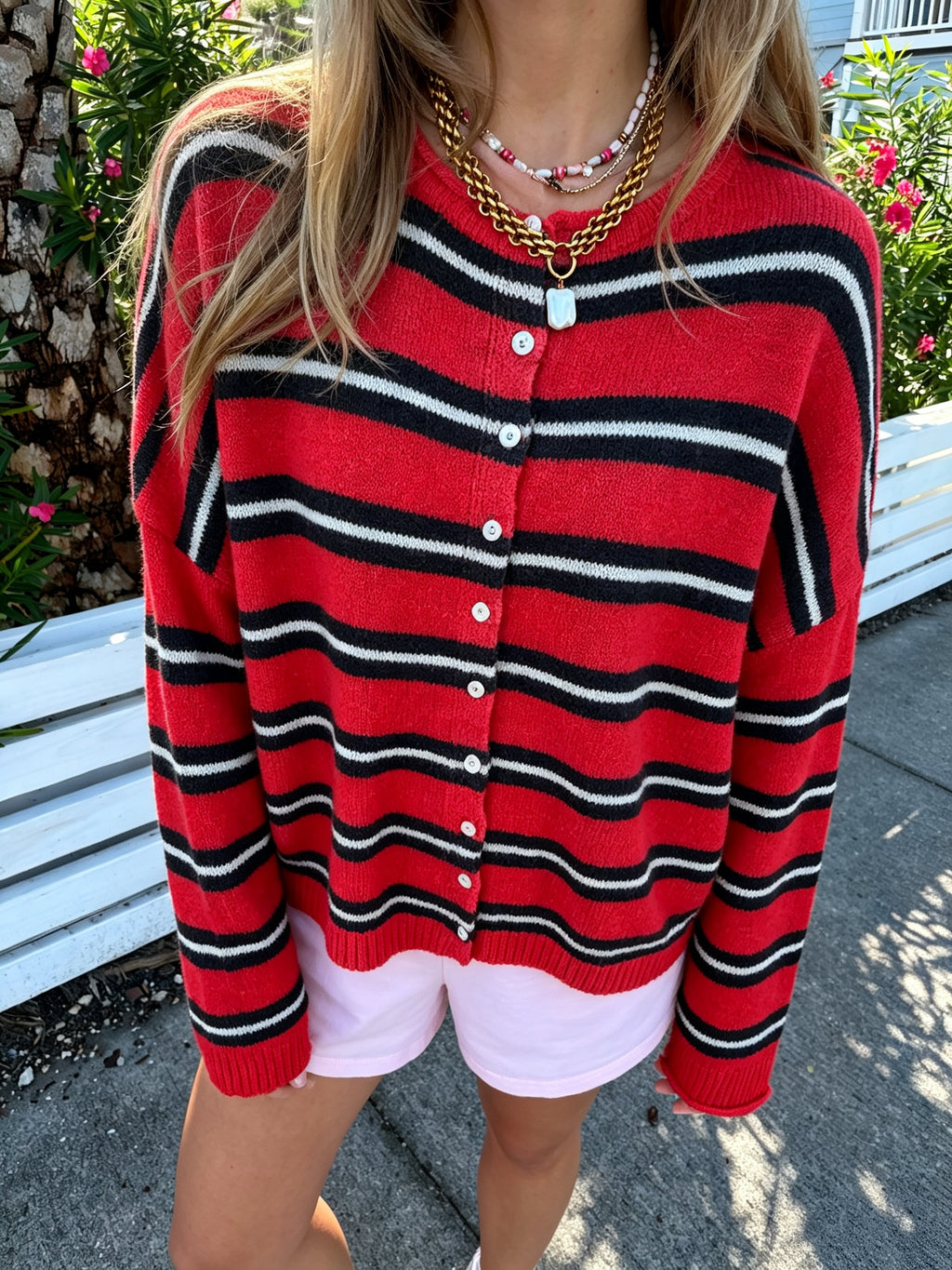 Striped Crewneck Button Front Cardigan - Red