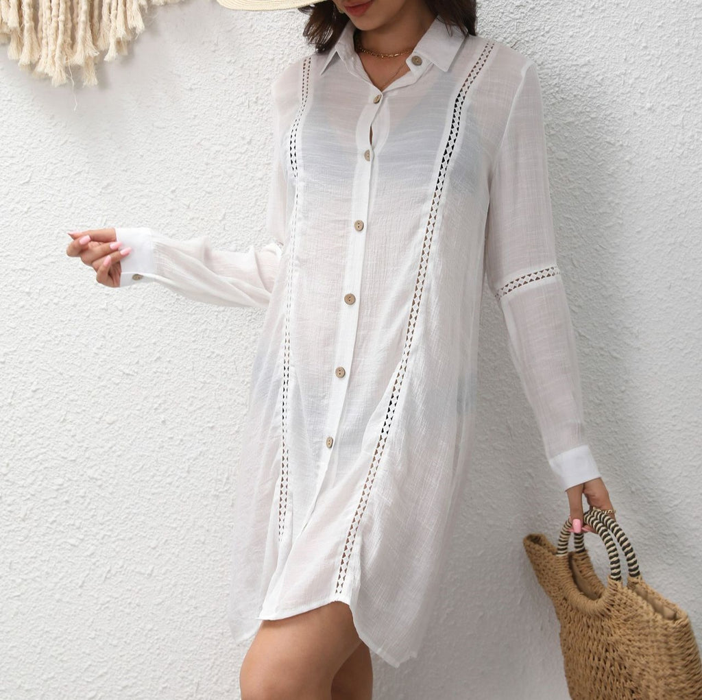 Longline Sheer Button Down Beach Shirt - White - 1