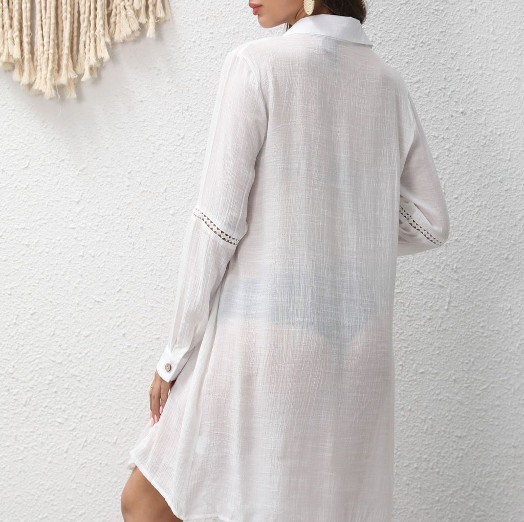 Longline Sheer Button Down Beach Shirt - White - 2