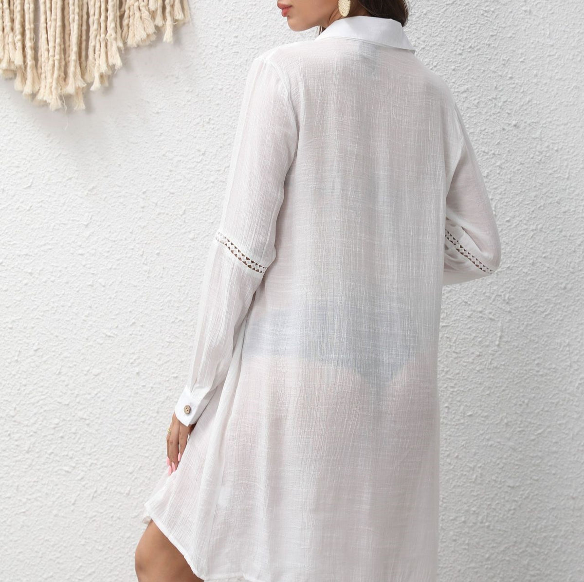 Longline Sheer Button Down Beach Shirt - White - 2