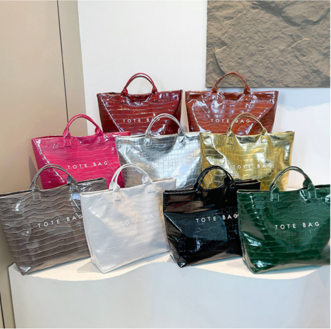High Shine Croc Texture Tote Bag - Rose_Red