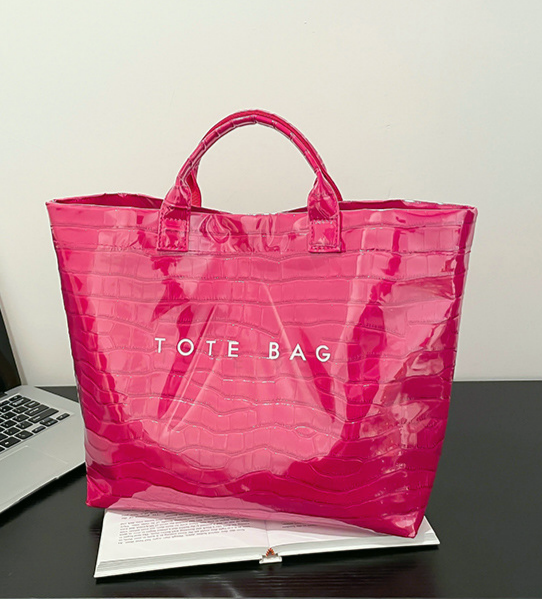 High Shine Croc Texture Tote Bag - Rose_Red - 2