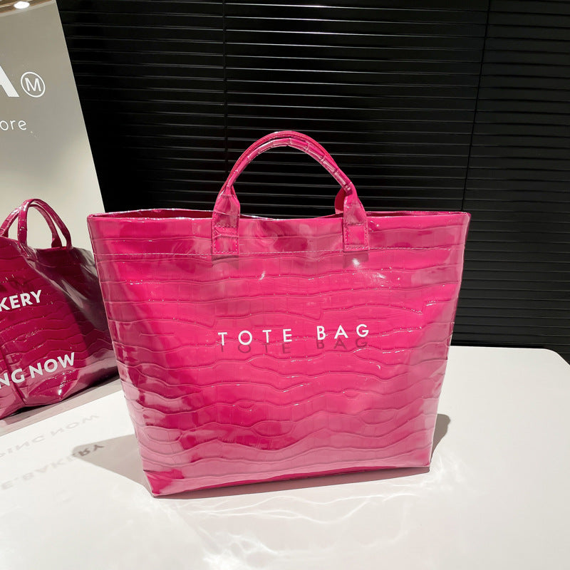 High Shine Croc Texture Tote Bag - Rose_Red - 4