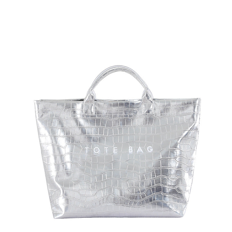 High Shine Croc Texture Tote Bag - Silver
