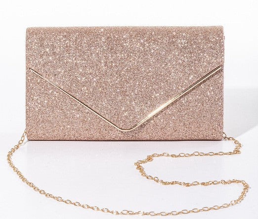 Fine Glitter Envelope Clutch with V Bar Flap - Champagne