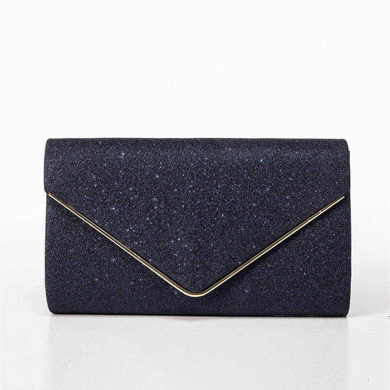 Fine Glitter Envelope Clutch with V Bar Flap - Navy