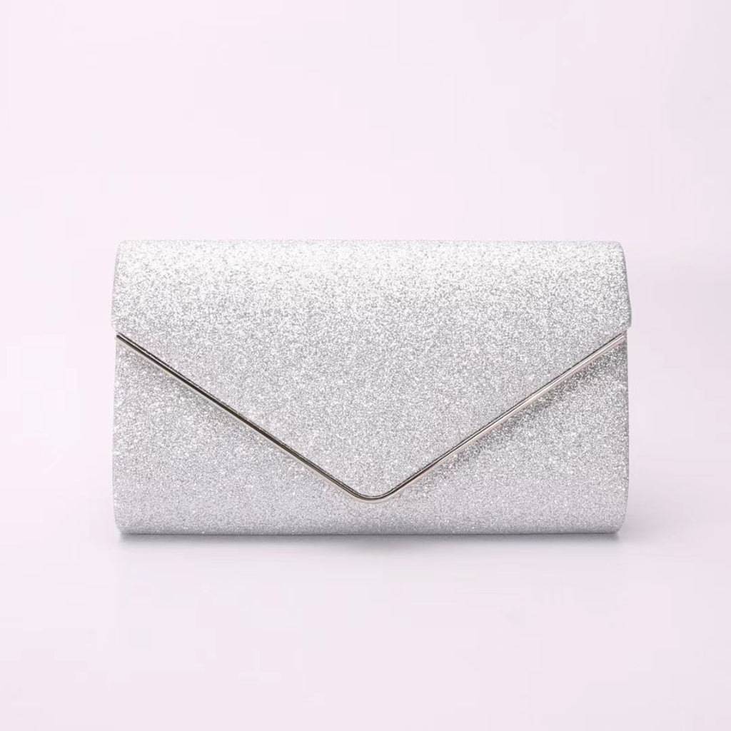 Fine Glitter Envelope Clutch with V Bar Flap - Silver