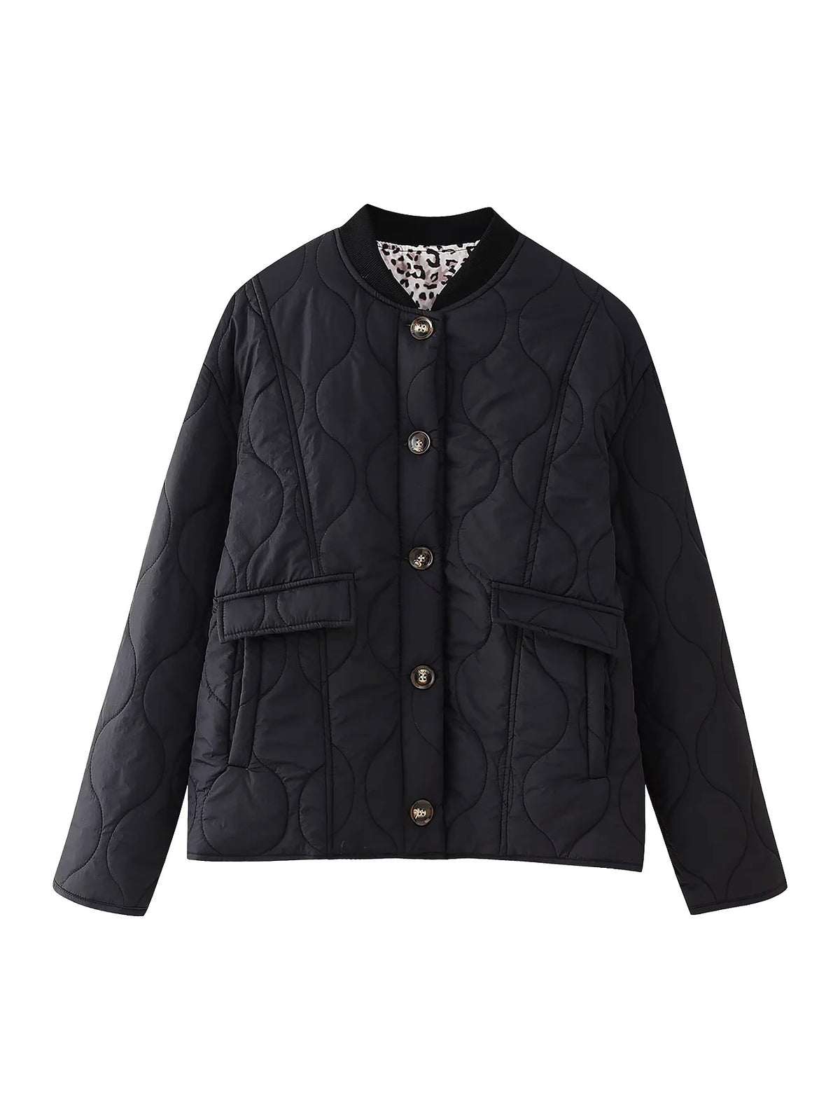 Quilted Leopard Lined Collarless Jacket - Black
