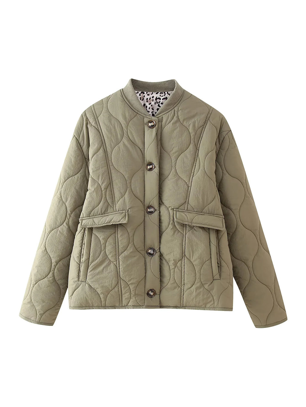 Quilted Leopard Lined Collarless Jacket - Green
