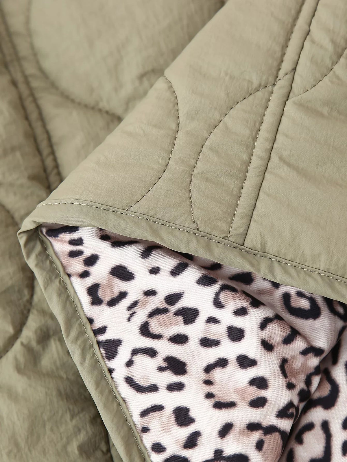 Quilted Leopard Lined Collarless Jacket - Green - 1