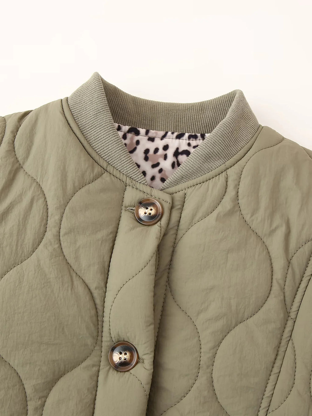 Quilted Leopard Lined Collarless Jacket - Green - 2